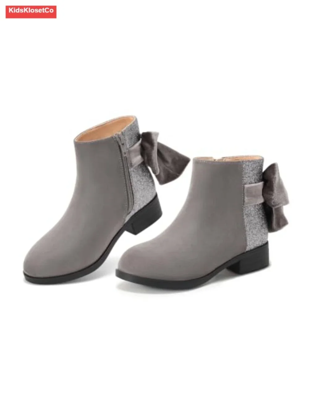 Girls Ankle Boots Faux Suede Bow Glitter Low Chunky Heel Zip Dress Booties
